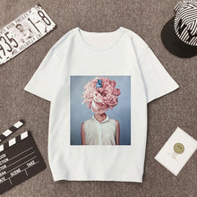 Load image into Gallery viewer, Plus Size Women Summer Vogue Print Casual T-shirt Tops Lady Flowers Feather Short Sleeve O-neck Loose Tops Tees Camisetas Mujer